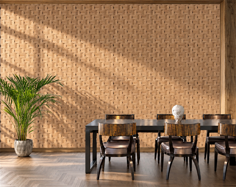 Greece Wood - 63/64" (25mm) - 3D Cork Wall Panels (WGWo25) Luxury dining room featuring textured cork feature wall, illuminated display shelves, and marble table