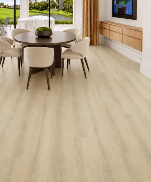 Hamilton - 7/16" (11mm) - Swiss Design Cork Floating (FHam11) Hamilton light beige wood-look cork flooring in an elegant dining room overlooking a golf course