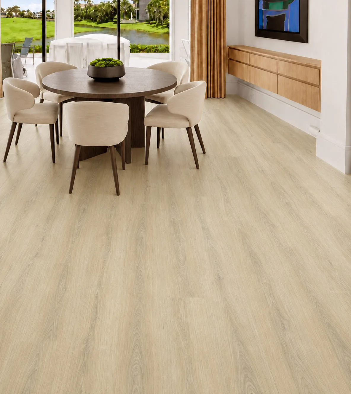 Hamilton - 7/16" (11mm) - Swiss Design Cork Floating (FHam11) Hamilton light beige wood-look cork flooring in an elegant dining room overlooking a golf course