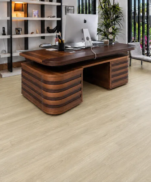 Hamilton - 7/16" (11mm) - Swiss Design Cork Floating (FHam11) Hamilton light gray wood-look cork flooring in a bright modern home office