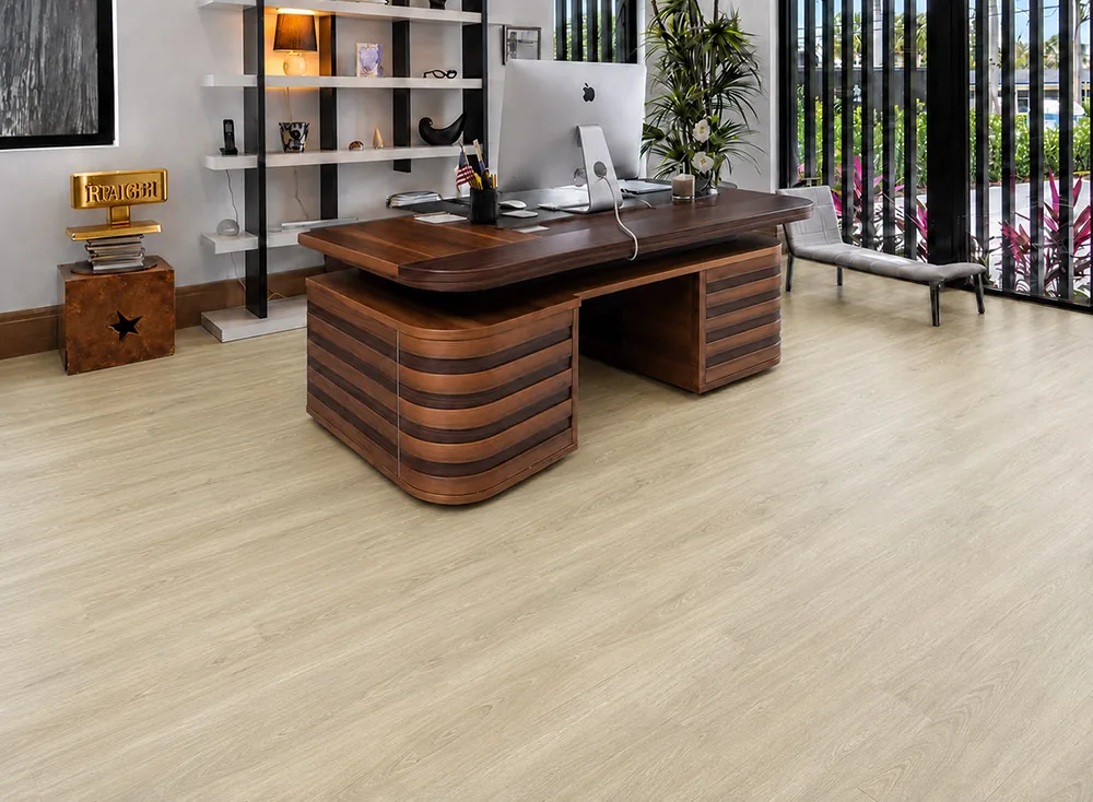 Hamilton - 7/16" (11mm) - Swiss Design Cork Floating (FHam11) Hamilton light gray wood-look cork flooring in a bright modern home office