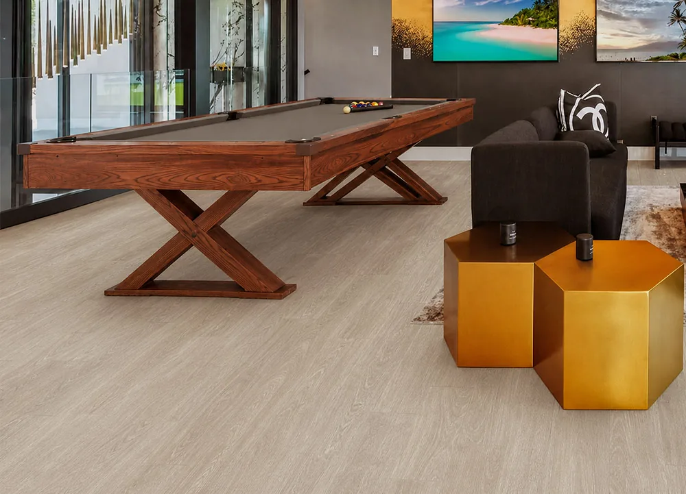 Hamilton - 7/16" (11mm) - Swiss Design Cork Floating (FHam11) Hamilton warm gray cork floating floor in a modern game room with a wooden pool table