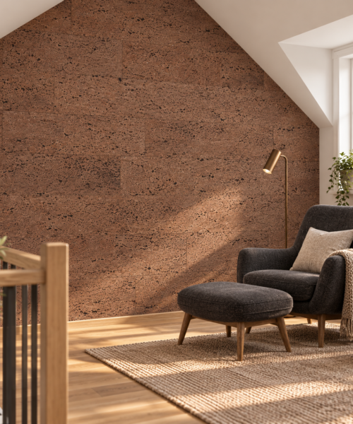 Hazel - 1/4" (6mm) - Swiss Cork Glue Down Tile (GHaz6) Hazel glue-down cork tiles in a attic reading loft — wall application visualization