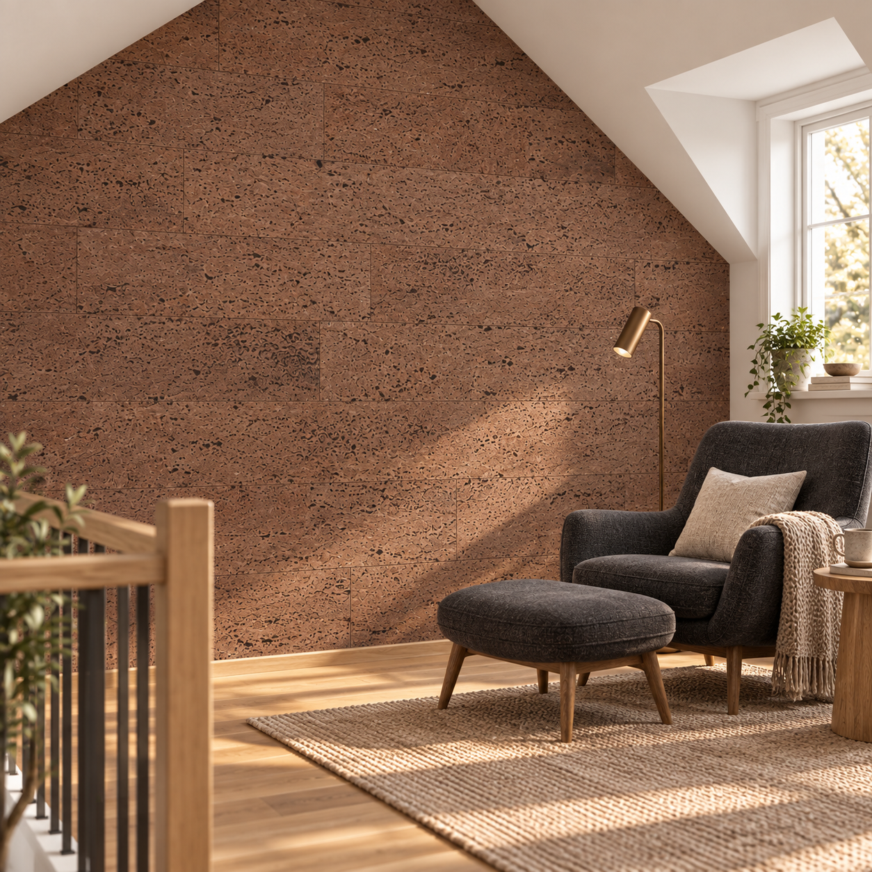 Hazel - 1/4" (6mm) - Swiss Cork Glue Down Tile (GHaz6) Hazel glue-down cork tiles in a attic reading loft — wall application visualization