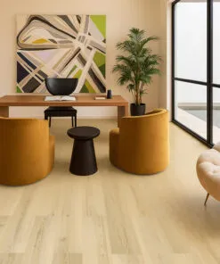 Stylish home office with Nordic Dawn Pinewood Swiss Design cork flooring showcasing a soft light pine tone and warm minimalist design.