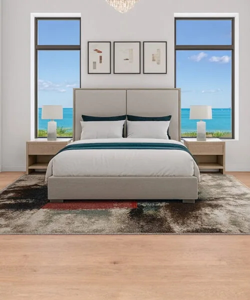 Honey Oak - 3/8" (9.5mm) - Forna Natural Composite Flooring with Waterproof Hydrowood Core (NHonO9.5) Bedroom overlooking the ocean featuring Honey Oak Forna Natural Composite flooring in a soft oak tone