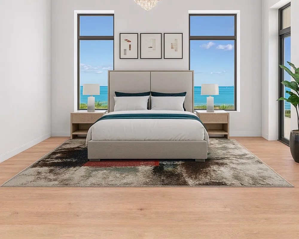 Bedroom overlooking the ocean featuring Honey Oak Swiss Real Linoleum flooring in a soft oak tone