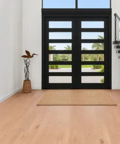 Honey Oak - 3/8" (9.5mm) - Swiss Real Linoleum Hydrowood Core Waterproof Floating Flooring (NHonO9.5) Front entrance with Honey Oak Swiss Real Linoleum flooring and black framed glass doors