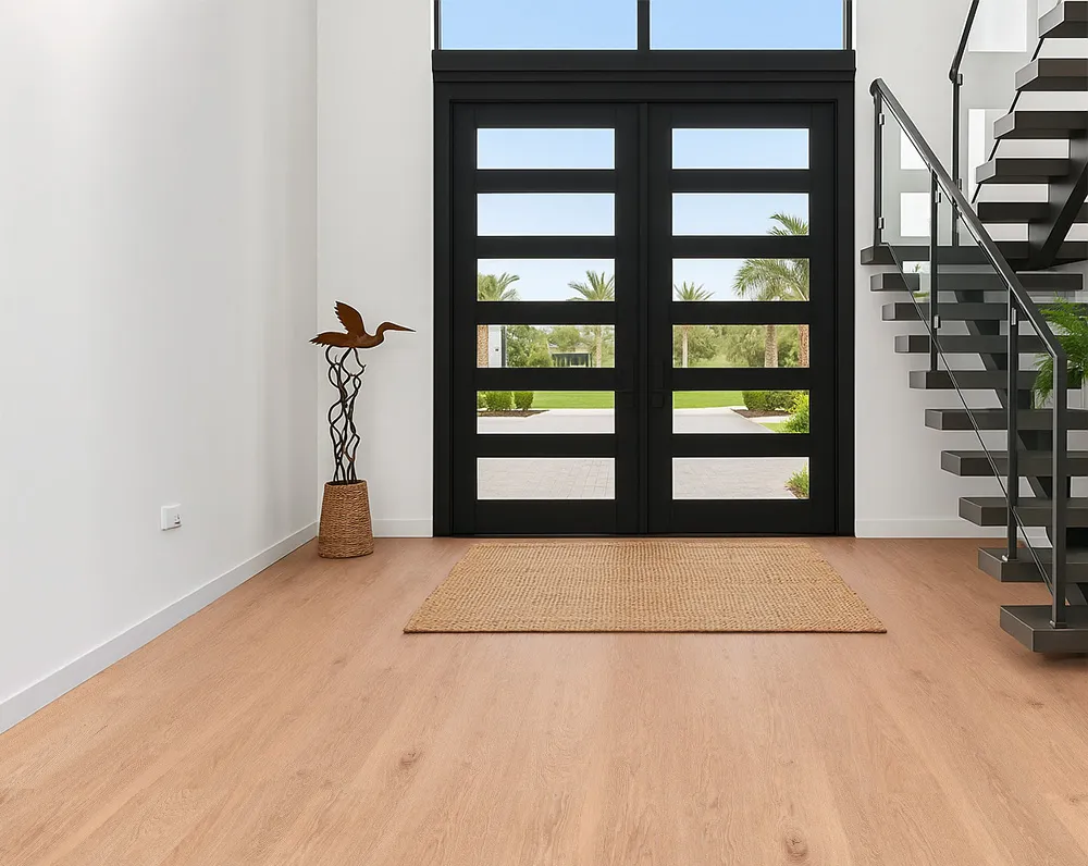 Front entrance with Honey Oak Swiss Real Linoleum flooring and black framed glass doors
