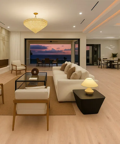 Honey Oak - 3/8" (9.5mm) - Forna Natural Composite Flooring with Waterproof Hydrowood Core (NHonO9.5) Spacious living room with Honey Oak Forna Natural Composite flooring and sunset views through open glass doors.
