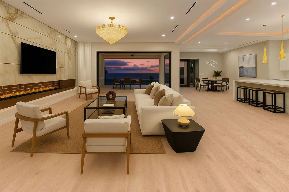 Spacious living room with Honey Oak Swiss Real Linoleum flooring and sunset views through open glass doors.