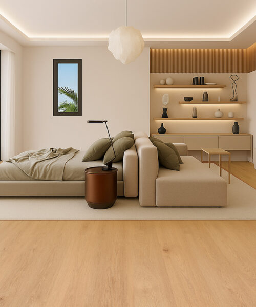 Contemporary master suite with Honey Oak Swiss Real Linoleum flooring and minimalist décor.