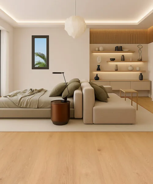 Honey Oak - 3/8" (9.5mm) - Forna Natural Composite Flooring with Waterproof Hydrowood Core (NHonO9.5) Contemporary master suite with Honey Oak Forna Natural Composite flooring and minimalist décor.