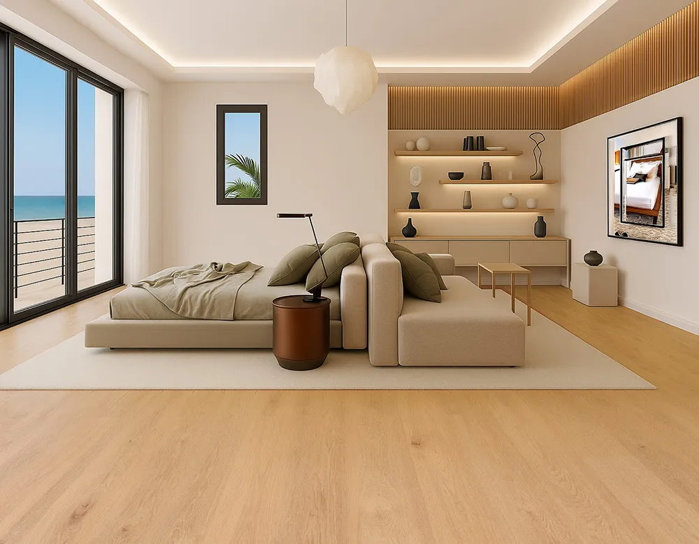 Contemporary master suite with Honey Oak Swiss Real Linoleum flooring and minimalist décor.