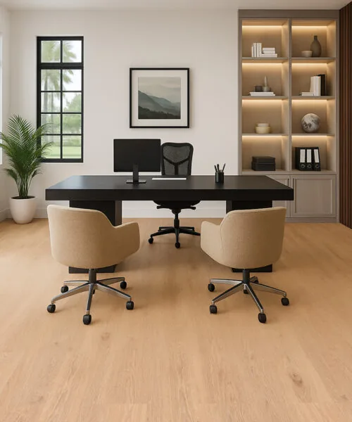Warm Honey Oak Forna Natural Composite floating floor in a modern home office with built in shelving.
