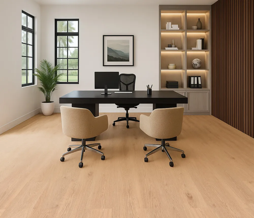 Warm Honey Oak Swiss Real Linoleum floating floor in a modern home office with built-in shelving.