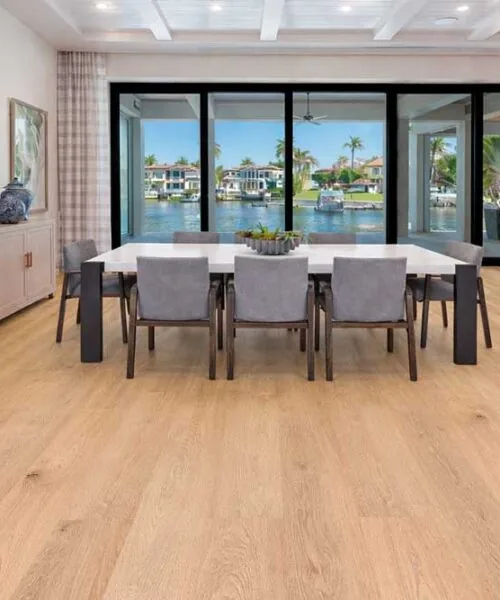 Honey Oak - 3/8" (9.5mm) - Forna Natural Composite Flooring with Waterproof Hydrowood Core (NHonO9.5) Honey oak Forna Natural Composite flooring room scene for dinning room waterproof