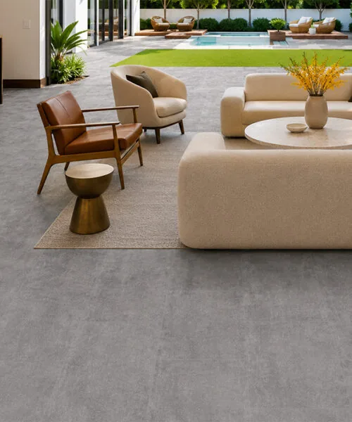 Ndustrial Grey concrete look Natural Composite Flooring in a contemporary living room