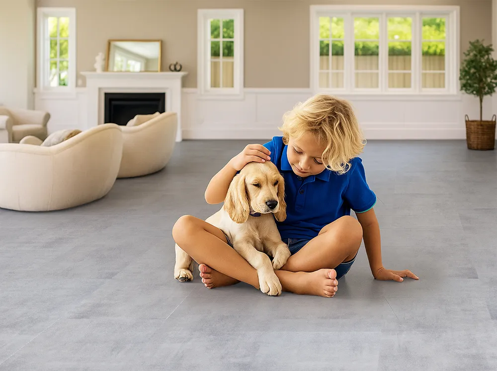 Industrial Grey - 3/8" (9.5mm) - Swiss Real Linoleum Hydrowood Core Waterproof Floating Flooring (NIndG9.5) Industrial Grey – 9.5mm (3/8″) (Swiss Linoleum)