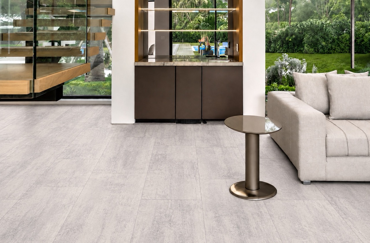 Ivory Concrete - 3/8" (9.5mm) - Forna Natural Composite Flooring with Waterproof Hydrowood Core (NICon9.5) Ivory Concrete Swiss-made Natural Composite Flooring shows square-edge planks in a contemporary living room beside a floating staircase.