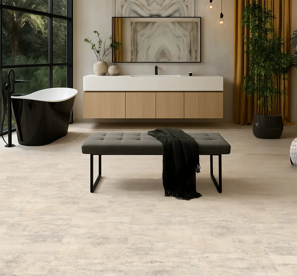 Ivory Concrete - 3/8" (9.5mm) - Swiss Real Linoleum Hydrowood Core Waterproof Floating Flooring (NICon9.5) Ivory Concrete – 9.5mm (3/8″) (Swiss Linoleum)