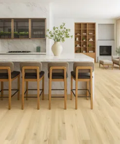 Pinewood 7/16_ (11mm) Swiss Design Cork Floating (FPinwo11) pen kitchen and dining area with Lucerne Glow Pinewood Swiss Design cork flooring in a natural blonde hue and modern interior style.