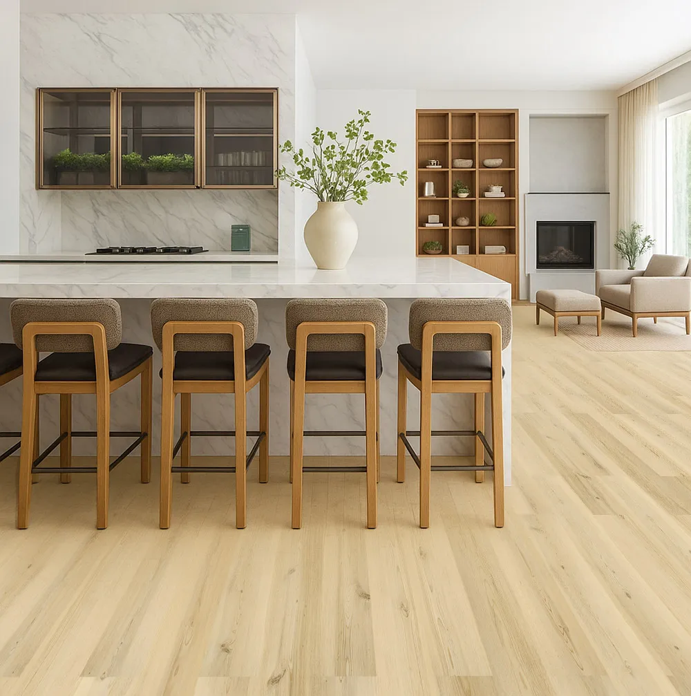 Pinewood 7/16_ (11mm) Swiss Design Cork Floating (FPinwo11) pen kitchen and dining area with Lucerne Glow Pinewood Swiss Design cork flooring in a natural blonde hue and modern interior style.