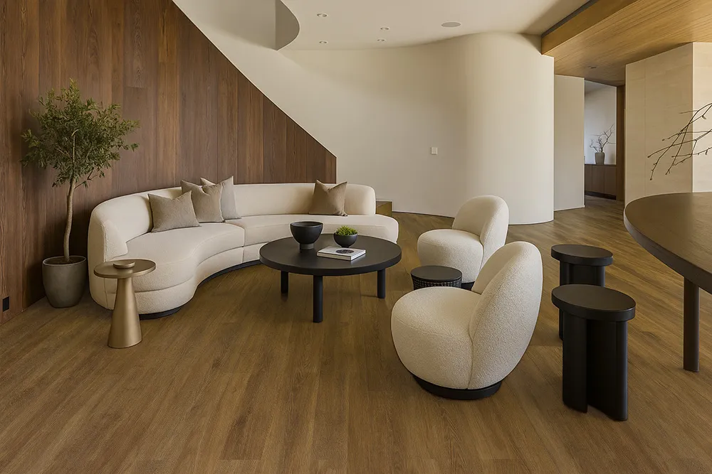 Latte - 7/16" (11mm) - Swiss Design Cork Floating (FLat11) atte Swiss cork flooring in a cozy contemporary lounge with curved sofa and wood accent wall.”