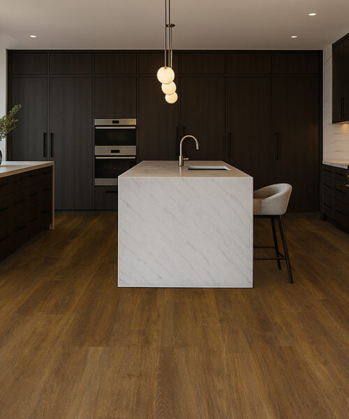 Latte - 7/16" (11mm) - Swiss Design Cork Floating (FLat11) Latte Swiss cork floating floor in a high-end kitchen with marble island and dark cabinetry