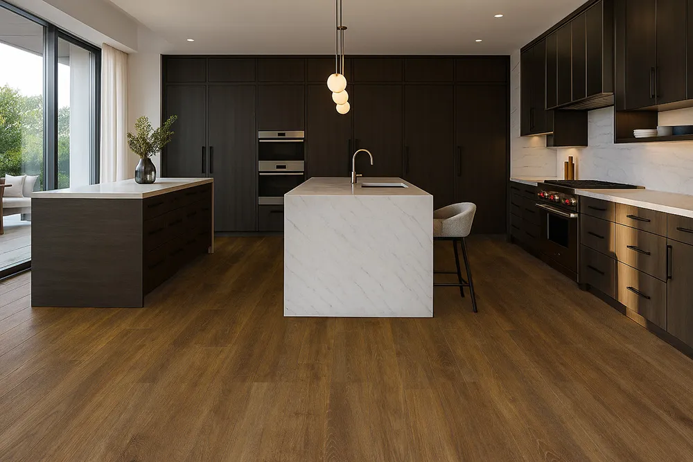 Latte - 7/16" (11mm) - Swiss Design Cork Floating (FLat11) Latte Swiss cork floating floor in a high-end kitchen with marble island and dark cabinetry