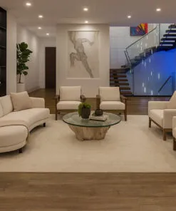 Latte - 7/16" (11mm) - Swiss Design Cork Floating (FLat11) Latte Swiss cork flooring in a warm modern living room with neutral seating and fireplace