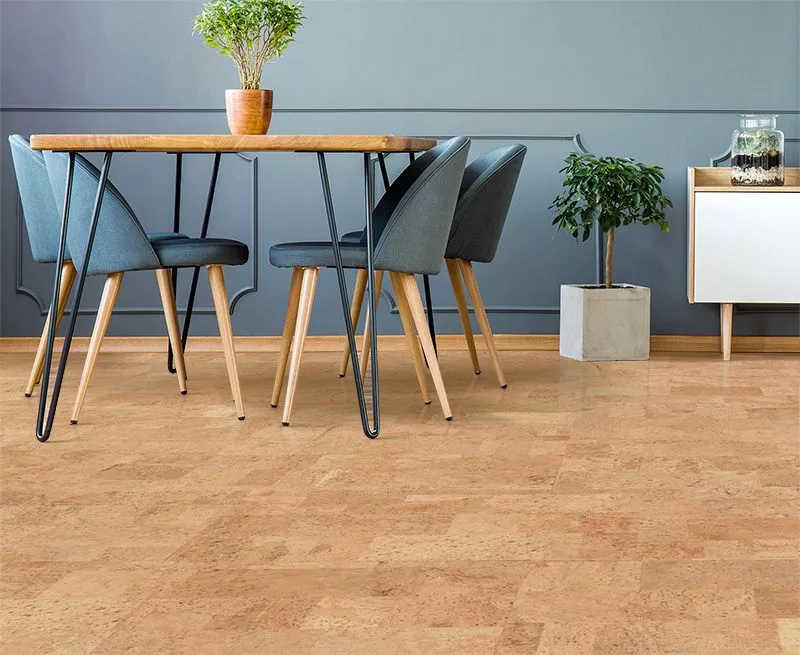 leather forna cork floor grey apartment interior dining room wood table