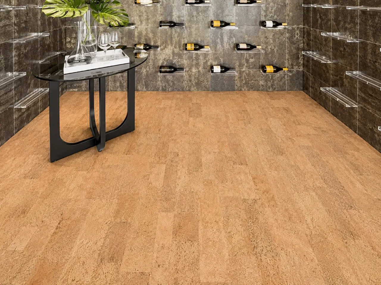 Leather - 1/2" (12mm) - Cork Floating (FLe12) Luxury wine cellar showcasing Leather Natural cork floating flooring paired with stone walls and contemporary wine display racks.