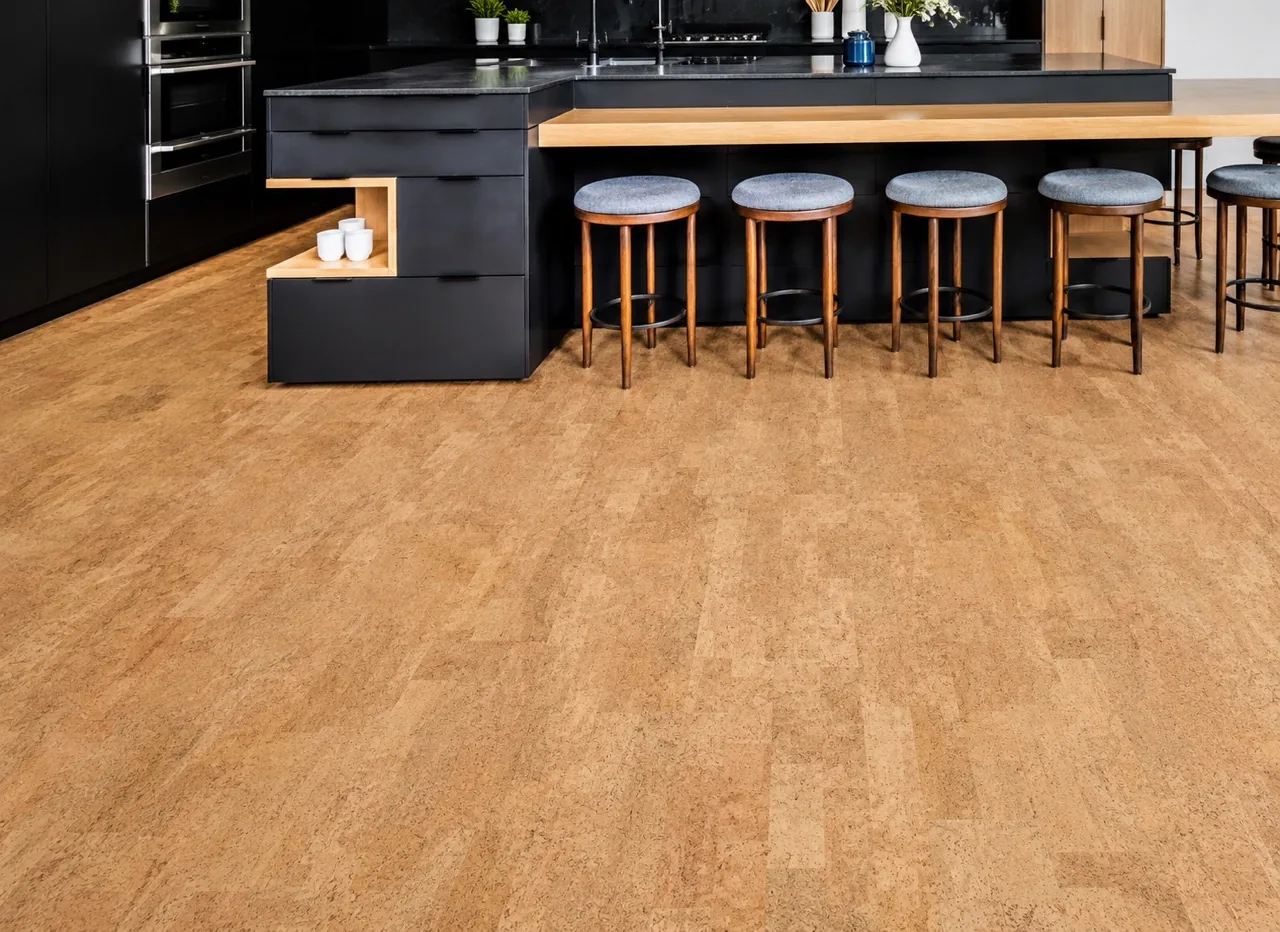 Leather - 1/2" (12mm) - Cork Floating (FLe12) Contemporary black kitchen with a spacious island, wood accents, and warm Leather Natural cork floating flooring.