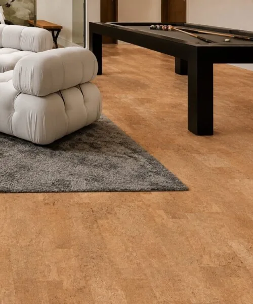 Leather - 1/2" (12mm) - Cork Floating (FLe12) Spacious entertainment room featuring Leather Natural cork flooring, a pool table, and comfortable modern seating.