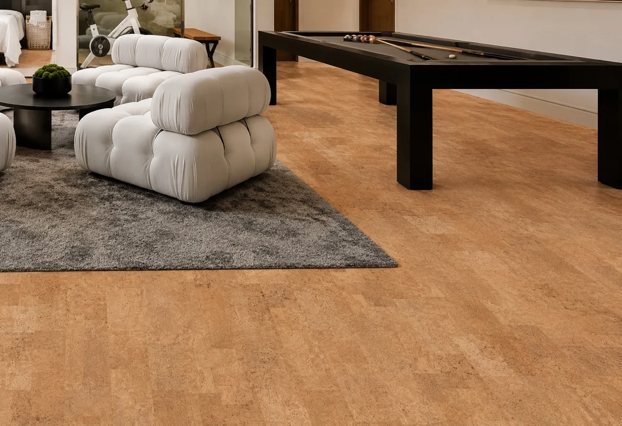 Leather - 1/2" (12mm) - Cork Floating (FLe12) Spacious entertainment room featuring Leather Natural cork flooring, a pool table, and comfortable modern seating.