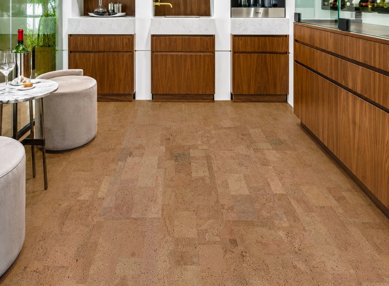 Leather - 1/2" (12mm) - Cork Floating (FLe12) Elegant walnut kitchen showcasing Leather Natural cork flooring, marble countertops, and premium wood cabinetry.