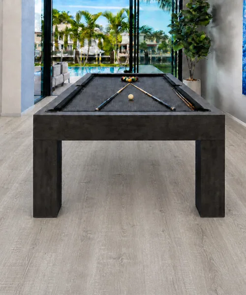 Light Grey Oak - 13/32" (10.5mm) - Design Cork Floating (FLG10.5) Modern billiards room featuring light grey oak-look cork flooring and poolside views