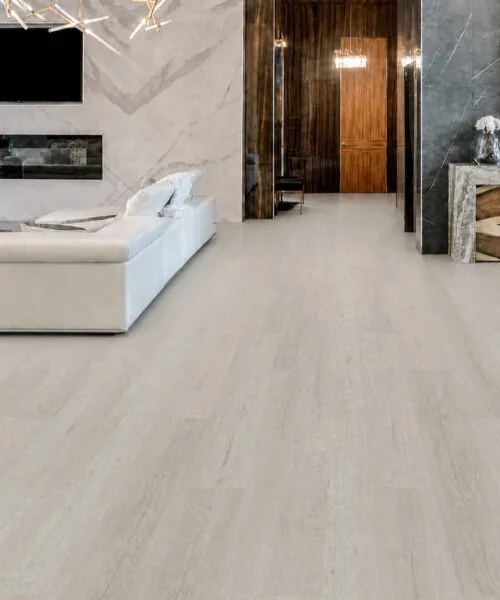 Light Grey Oak - 13/32" (10.5mm) - Design Cork Floating (FLG10.5) Contemporary master basement living room showcasing light grey oak-grain cork flooring