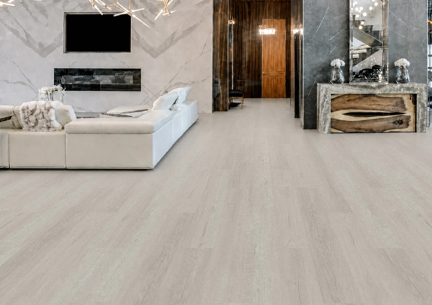 Light Grey Oak - 13/32" (10.5mm) - Design Cork Floating (FLG10.5) Contemporary master basement living room showcasing light grey oak-grain cork flooring