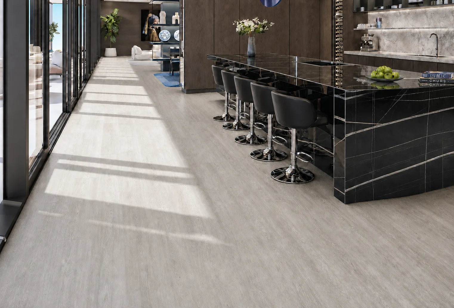 Light Grey Oak - 13/32" (10.5mm) - Design Cork Floating (FLG10.5) Sunlit luxury kitchen with light grey oak floating cork floor and marble breakfast bar