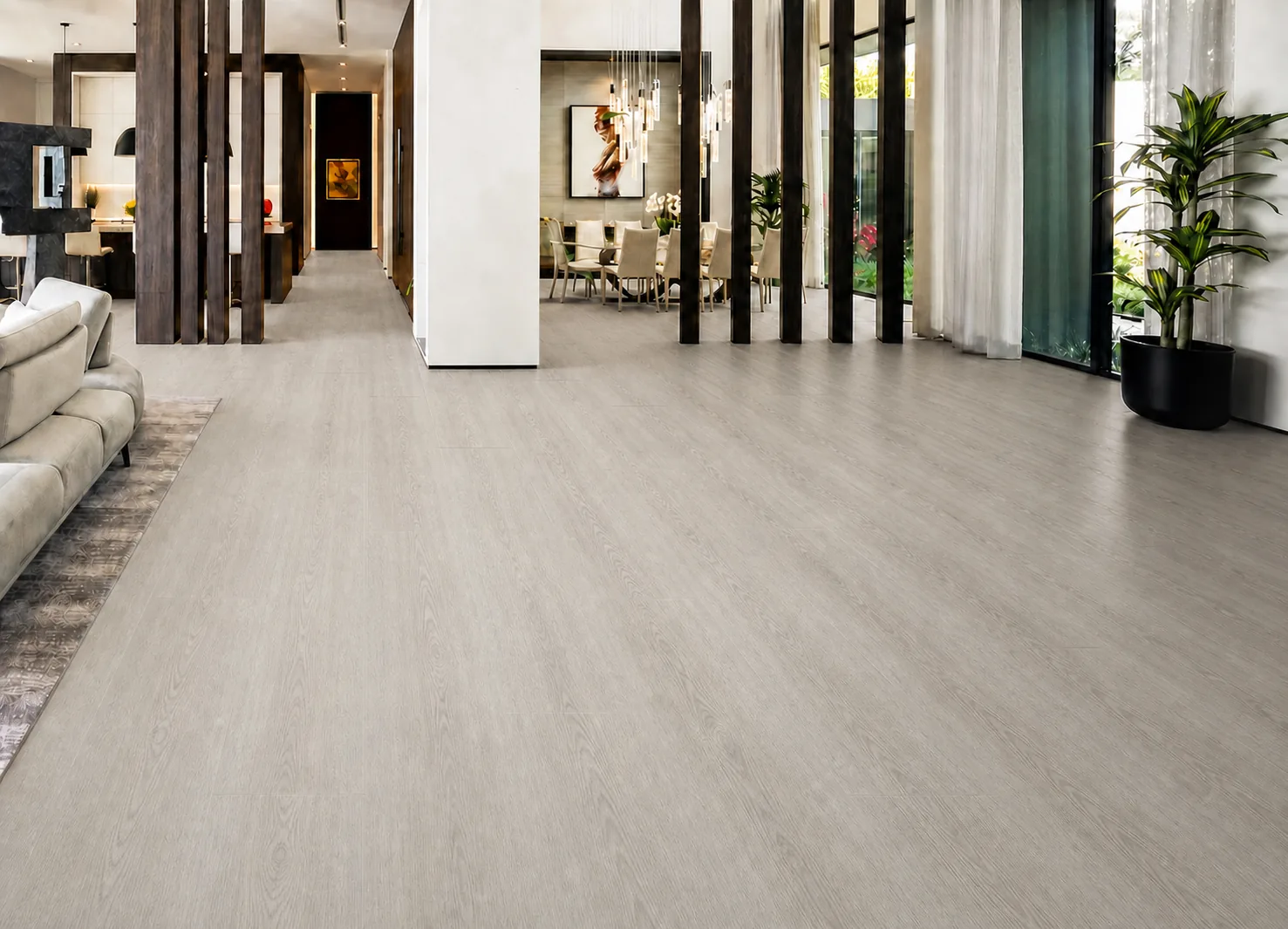 Light Grey Oak - 13/32" (10.5mm) - Design Cork Floating (FLG10.5) Open-plan home with light grey oak cork flooring, modern dining area, and large windows