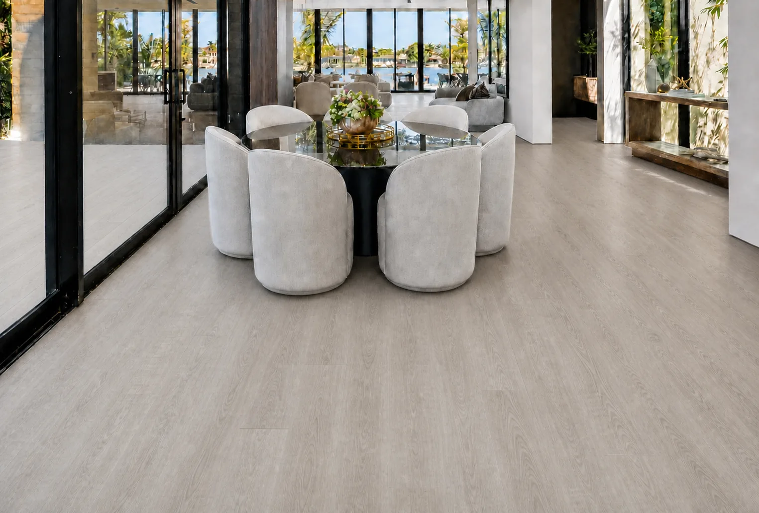 Light Grey Oak - 13/32" (10.5mm) - Design Cork Floating (FLG10.5) Open dining area with light grey oak cork planks, glass walls, and waterfront views