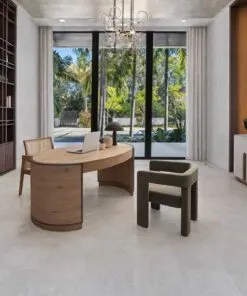 Modern home office design featuring Light Slate slate cork flooring and floor-to-ceiling windows