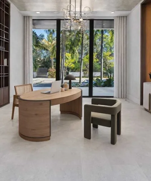 Modern home office design featuring Light Slate slate cork flooring and floor-to-ceiling windows