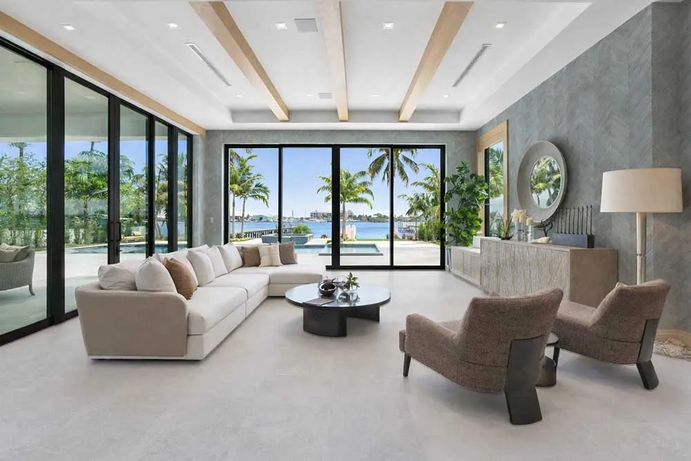 Light Slate - 7/16" (11mm) - Swiss Design Cork Floating (FLgS11) Modern waterfront living room featuring Light Slate slate-look cork flooring installation