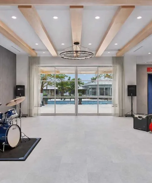 Contemporary music room featuring Light Slate slate-look cork flooring and acoustic interior
