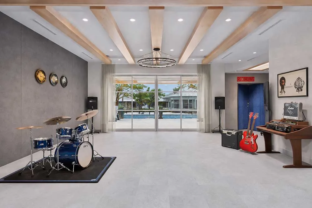 Light Slate - 7/16" (11mm) - Swiss Design Cork Floating (FLgS11) Contemporary music room featuring Light Slate slate-look cork flooring and acoustic interior