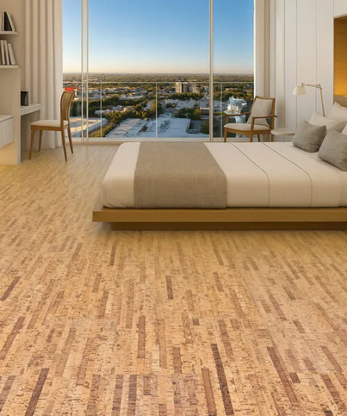 Linea Dark - 7/16" (11mm) - Swiss Real Cork Floating (FLin11) Luxury bedroom featuring Linea Dark cork flooring with natural insulation and a comfortable walking surface.