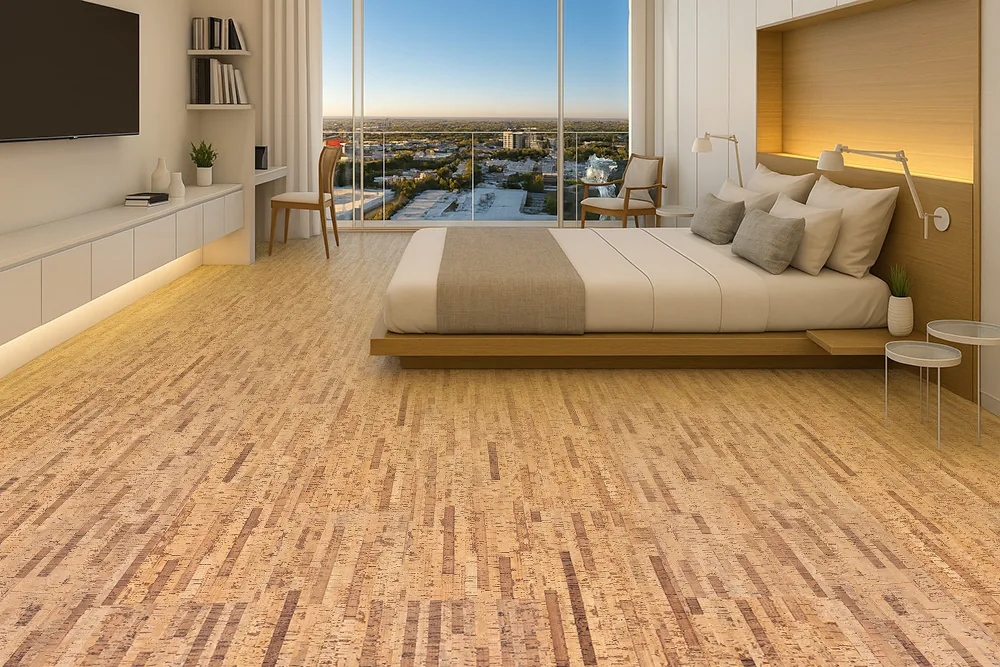 Linea Dark - 7/16" (11mm) - Swiss Real Cork Floating (FLin11) Luxury bedroom featuring Linea Dark cork flooring with natural insulation and a comfortable walking surface.